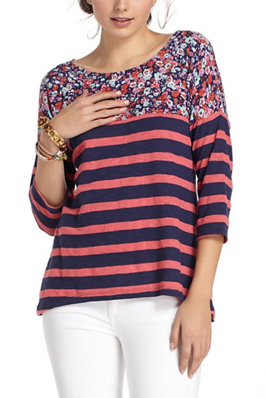 Anthropologie Postmark Postage Stamp Floral Striped 3/4 Sleeve Top Women's XS